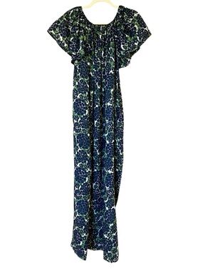 Monica Mahoney Floral Caftan Maxi Dress Green Blue One Size Tropical Beach